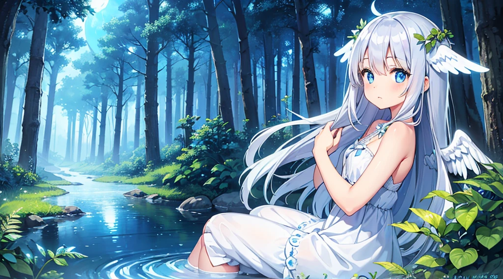 (1girl, silver hair, long hair, blue eyes, white sundress, angel wings, cute, kawaii), (sitting in a forest, fantasy forest, blue moon, clear stream, glowing blue color)
