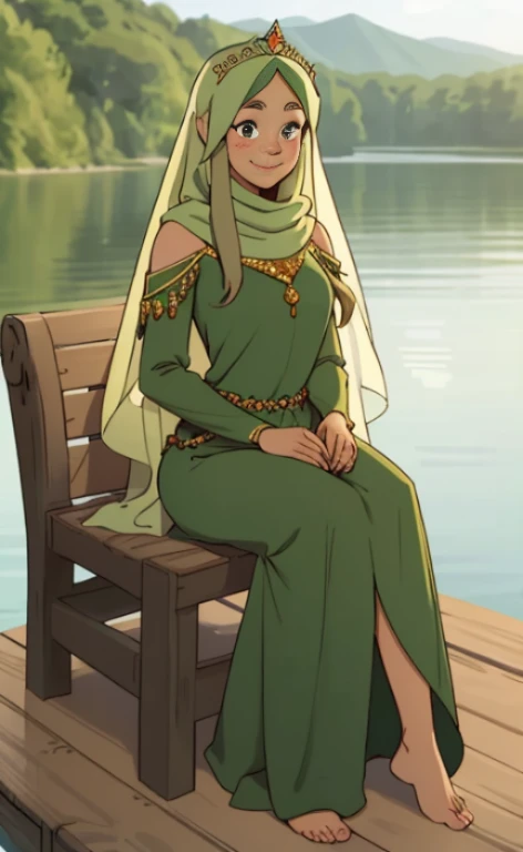 A 23 years old barefoot beautiful princess, wearing a long green dress, a hijab and a tiara, sitting at a lake, facial freckles, calm smile.