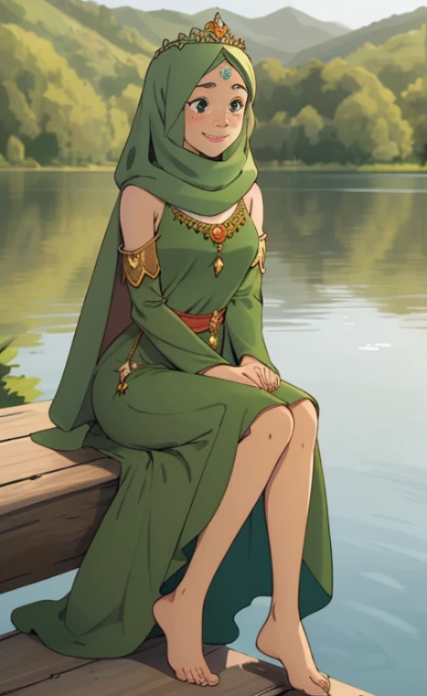 A 23 years old barefoot beautiful princess, wearing a long green dress, a hijab and a tiara, sitting at a lake, facial freckles, calm smile.