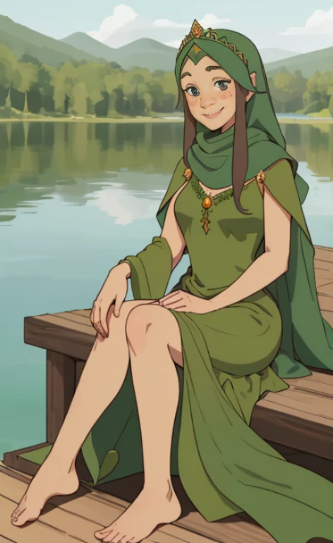 A 23 years old barefoot beautiful princess, wearing a long green dress, a hijab and a tiara, sitting at a lake, facial freckles, calm smile.