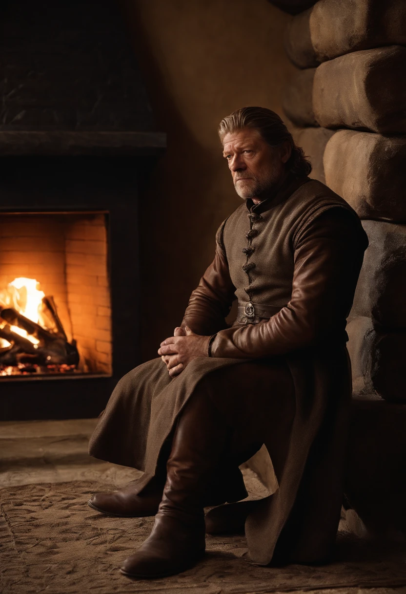A photo of Ned sitting by the fire, deep in thought.,Game of Thrones TV series,Ned is an older man with light brown hair streaked with grey, wears plain leather tunics, famously portrayed by Sean Bean