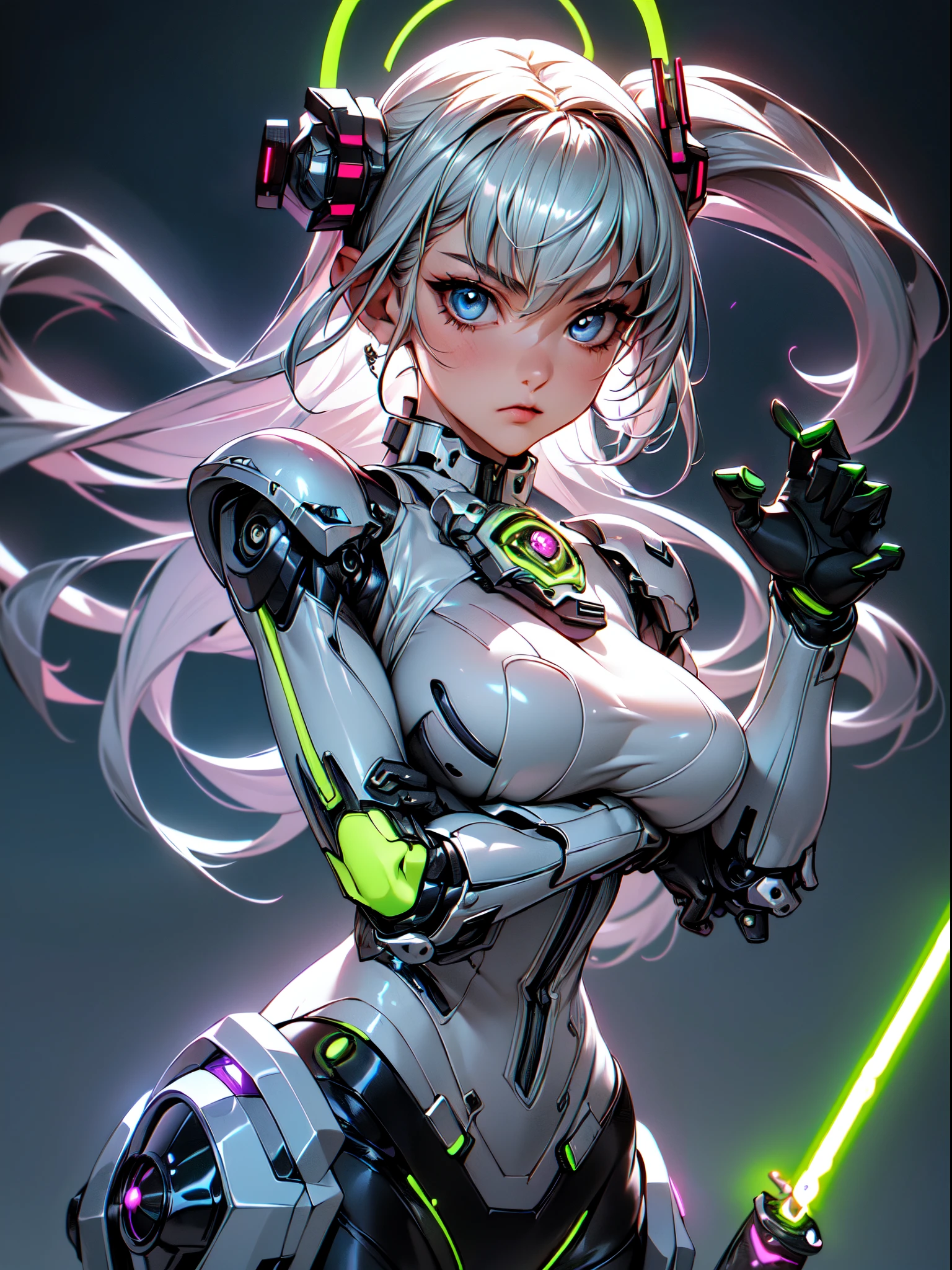 absurderes,(​masterpiece、top-quality,intricate detailes),ultra-detailliert、1beautiful woman,(Machine Girl 1.3),Purple long hair,(Mechanical body,mechanical arms :1.4),(greenr&Silver metallic body:1.3),(arma,lightsaber:1.3),Neon Light Parts,Red glowing neon lights,Blue Glowing Neon Lights、Mechanical headgear ,Upper body,(Cyberpunk ),(Fighting stance:1.2),Hyper realistic,Perfect Anatomy