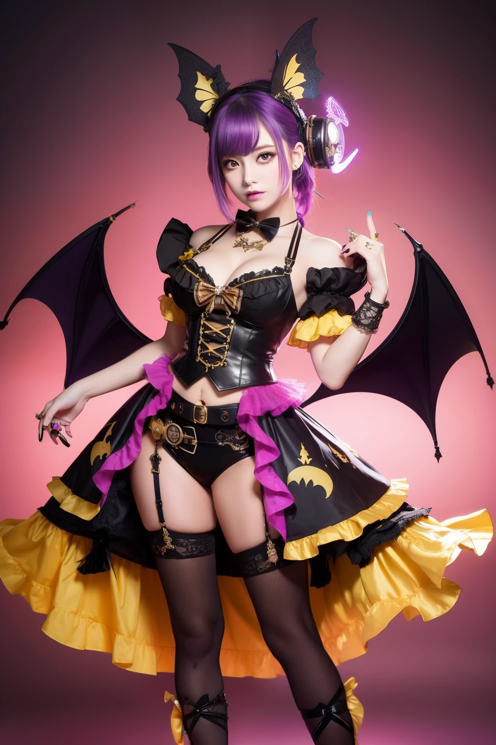 Female idol covered in bats、full body Esbian、、Steampunk fashion full of bats（fluorescent purple and gold）、Luminescent、Colorful hair、