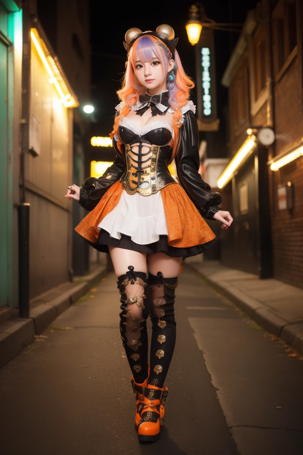 Snail-covered female idol、full body Esbian、、Steampunk fashion covered in snails（silver and fluorescent orange）、Luminescent、Colorful hair、