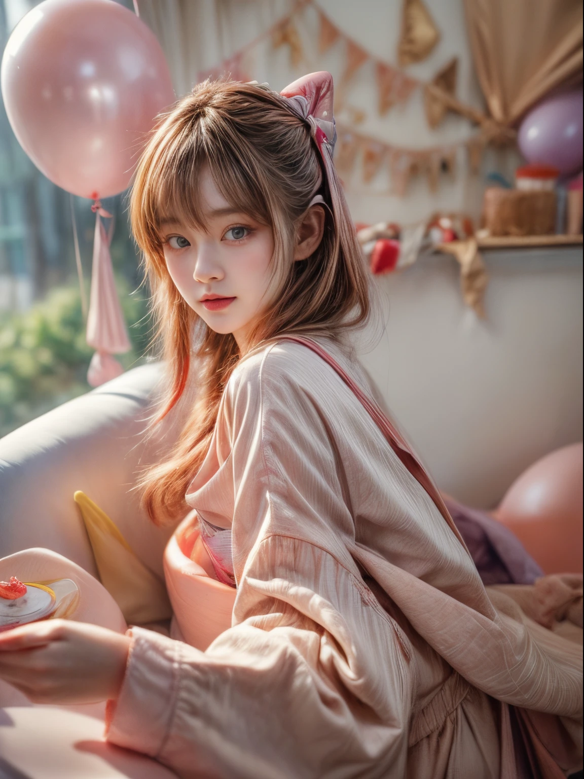 ​masterpiece、8K、32K、top-quality、(A detailed eye)、(A cute Japanese woman、bangss)、23years old、1 girl in、elegent、(Detailed background depiction、portlate:1.2)、colorful shirt、(birthday party、Balloons、a cake:1.3)、a cake、cowboy  shot、ssmile、Surprised、happy birthday