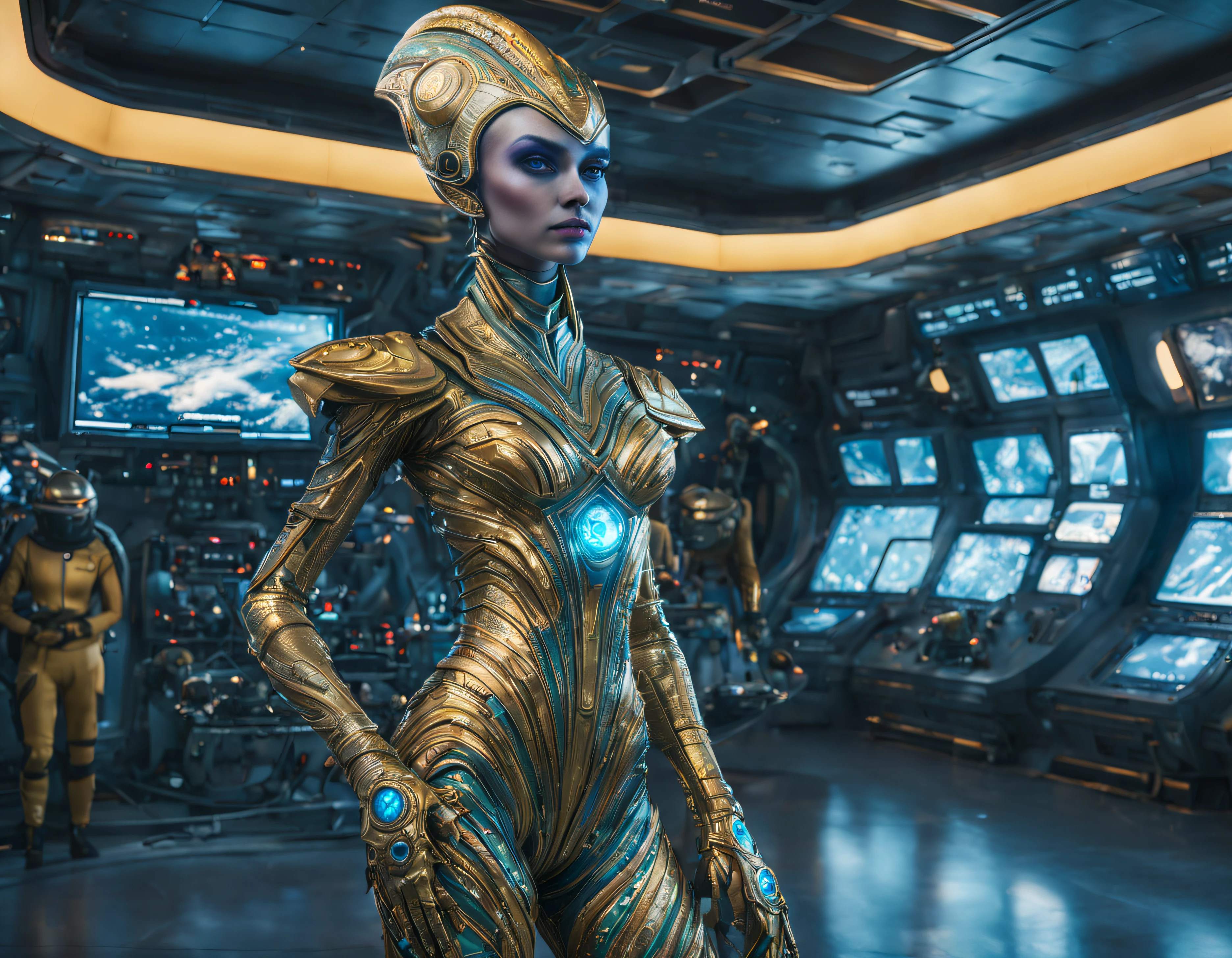 (cuerpo completo), extraterrestrial alien female similar to Lihö-Minaa princess of the people of the planet mül from Valerian and the city of a thousand planets ,vestida de traje de noche corto, engarzado con oro refulgente, priedras preciosas de colores y diamantes, (se encuentra en centro de control de estacion espacial),detalles intrincados de la maquina de alta calidad), estilo cinematografico, nitidez absoluta, imagen 8k.(obra maestra).fondos de pantalla, ultra detallado.