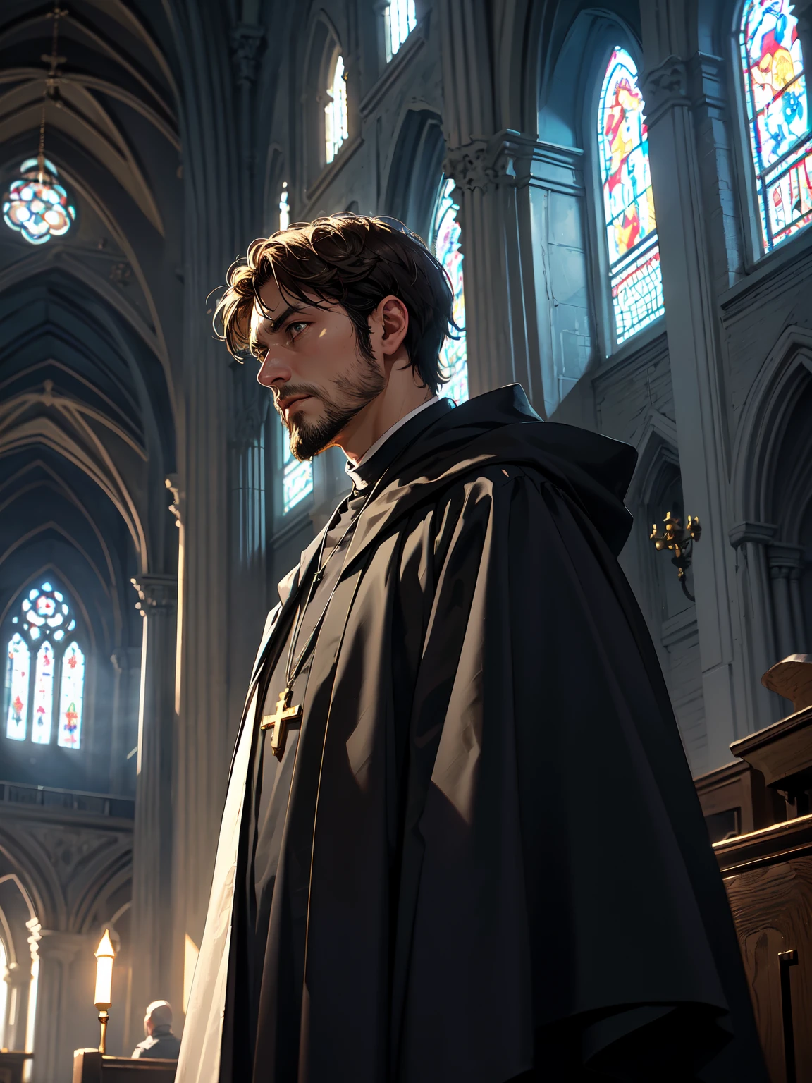 male priest, martin luther, black robes, older, handsome gentleman, beard, brown hair, cross necklace, religion, church in the background, dramatic lighting, cinematic angle, UHD, masterpiece, extremely detailed