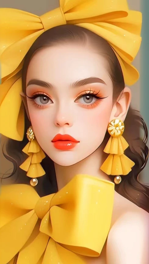 Full body like,Close-up of a woman wearing a yellow bow and earrings, Trends on artstration, beautiful digital illustration, Yellow makeup, kawaii realistic portrait, Elegant yellow skin, Guweiz style artwork, digital painting style, rossdraws cartoon vibrant, Beautiful digital illustrations, digital cartoon painting art, lovely digital painting, Popular topics on cgstation, lovely art style