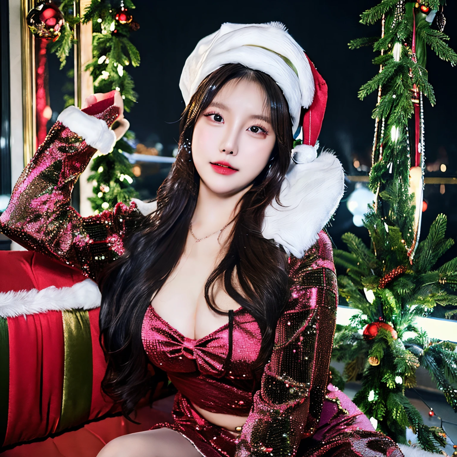 Masterpiece,Raw photo, Full body shoot,High quality, details, Christmas Party, lightings8K,1 girl,so beautiful, details skin, posting, Christmas Makeup, wearing Santa Claus hat, wearing Christmas Suit, Super Chubby girl, full body shoot, photography,8K, super realistic, high quality