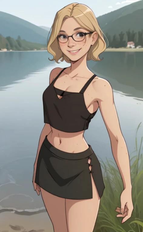 A 23 years old barefoot blonde beautiful woman, wearing a black skirt, a croptop and glasses, standing at a lake, facial freckles, calm smile, short wavy hair.