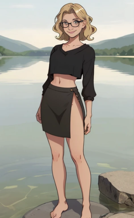 A 23 years old barefoot blonde beautiful woman, wearing a black skirt, a croptop and glasses, standing at a lake, facial freckles, calm smile, short wavy hair.