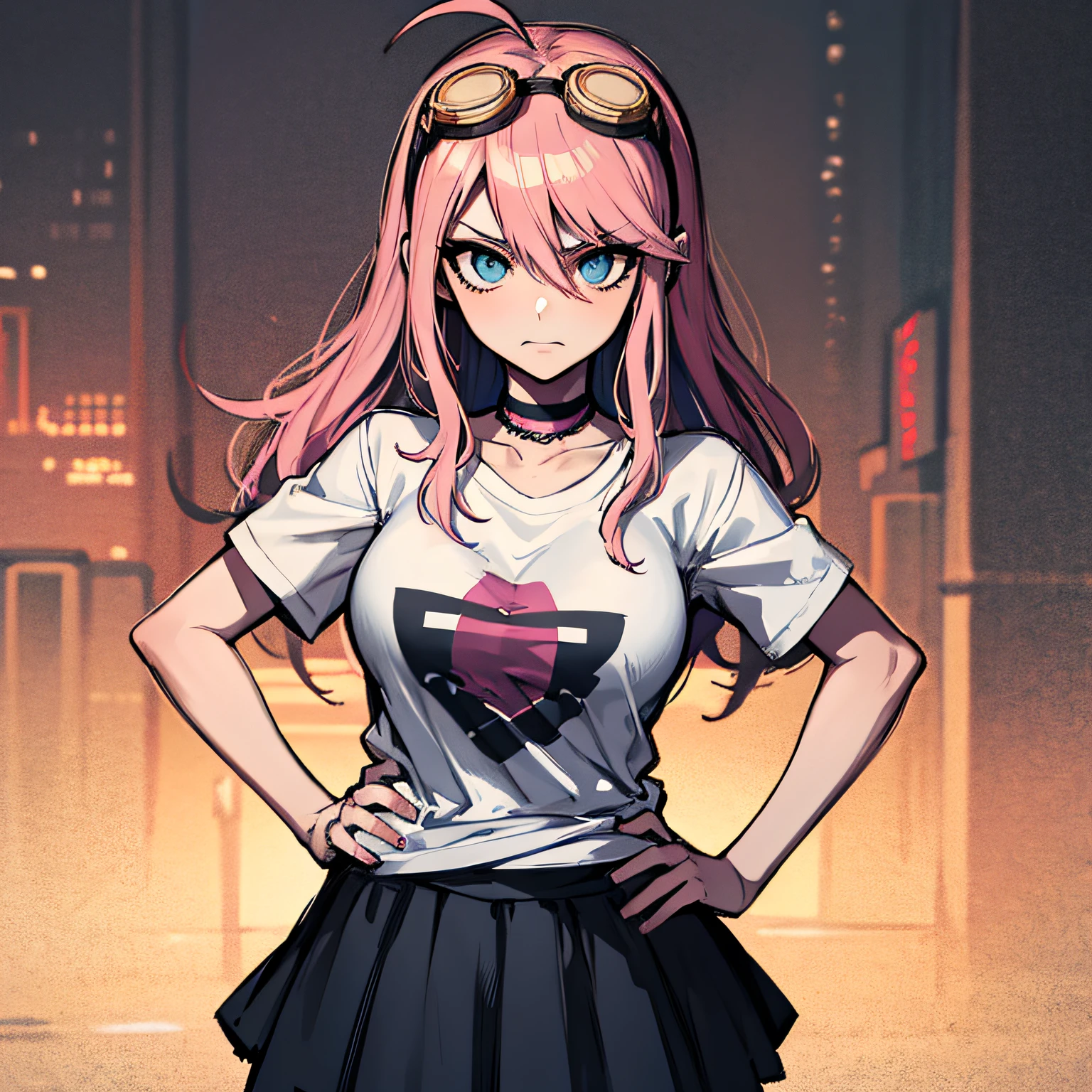 (absurdres, 8k, 4k, masterpiece, hyper extreme detailed:1.2), solo, front view portrait, best quality, portrait, solo, adult, cowboyshot, perfect anatomy, 1girl, perfect face, expressive eyes, perfect eyes, large bust, large breasts, long hair, goggles, miuiruma, miu iruma, ahoge, pink hair, blue eyes, goggles, goggles on head, long hair, BREAK, choker, graphic t-shirt, skirt, annoyed, BREAK looking at viewer, BREAK, miu iruma, ahoge, pink hair, blue eyes, goggles, goggles on eyes, long hair, choker, skirt, long hair, streetwear, graphic t-shirt, jcasualwear, t-shirt, hand on hip,