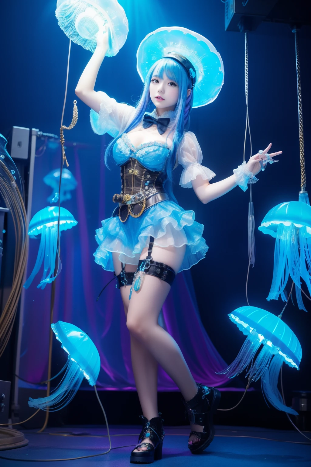 Female idol covered in jellyfish、full body Esbian、、Steampunk fashion covered in jellyfish(fluorescent blue and silver)、Luminescent、Colorful hair、
