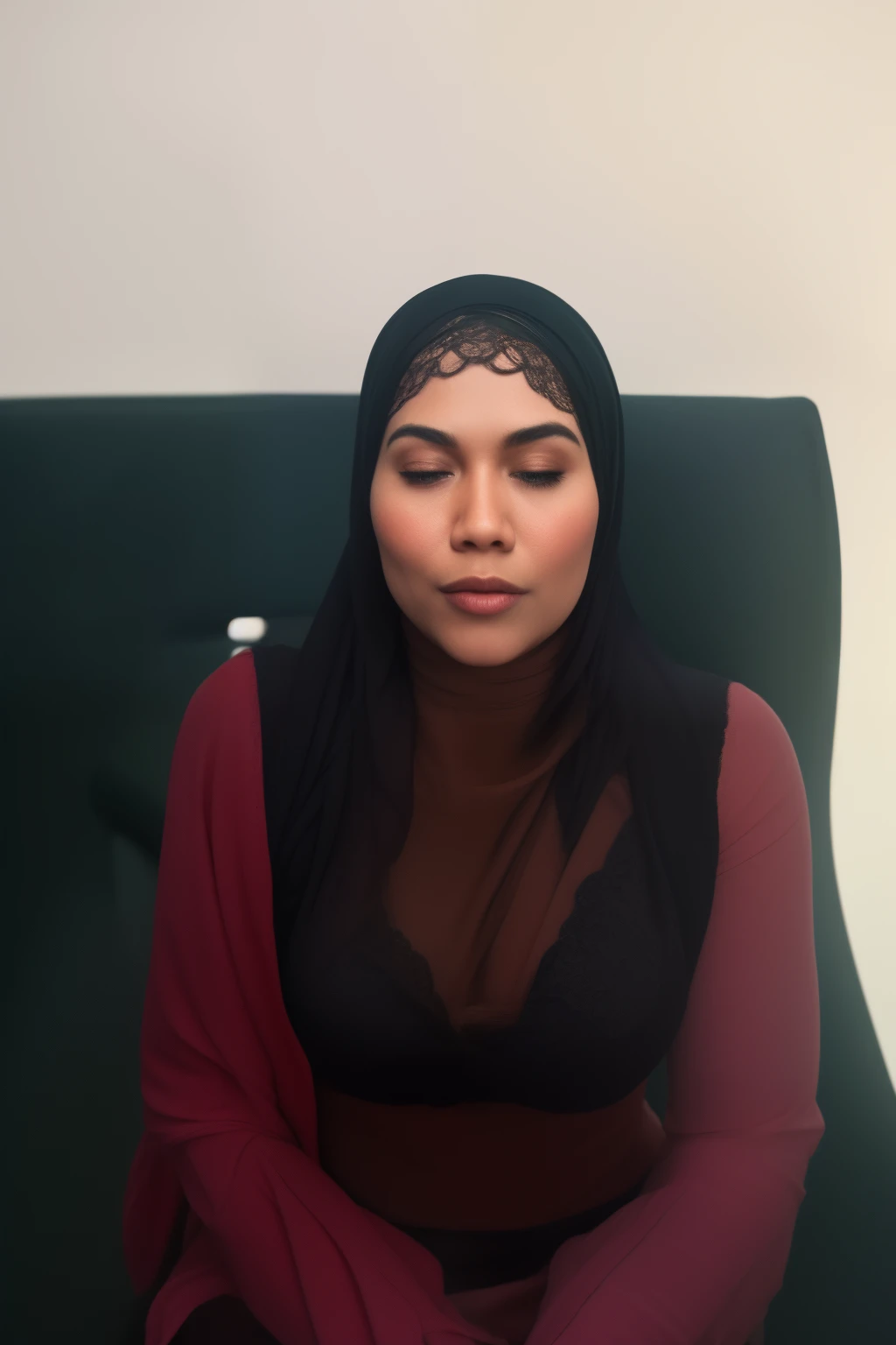 malay girl wearing hijab, beautifull hand, perfect hand, realistic hand, malay girl wearing hijab, 48 Years Old beautiful woman. ((lace bra and panties)),(bigger boobs),((look down at the camera and closed eyes))., Emphasize ass, biggerchest, big Nipple, de pele branca, bigger breasts thin waist, mexico-style street, Hyper-Realism, Cinematic lighting, depth of fields, From below, vanishing point, F/2.8, Anatomically correct, Textured skin, Super Detail, awardwinning, Best Quality, hight resolution, wearing pastel blue underwear, bra and panties only, hospital ward background, spread leg open, RAW photo, best quality, masterpiece, high detail RAW color photo, malay girl, professional photograph, (realistic, photorealistic:1.37), (high detailed skin:1.2), high resolution, beautiful detailed eyes, dramatic lighting, cinematic lighting, back light, professional lighting, detailed skin texture, insane details, intricate details, accent lighting, soft volumetric light, bokeh, (dramatic light:1.2), (neutral colors:1.3), cross process,