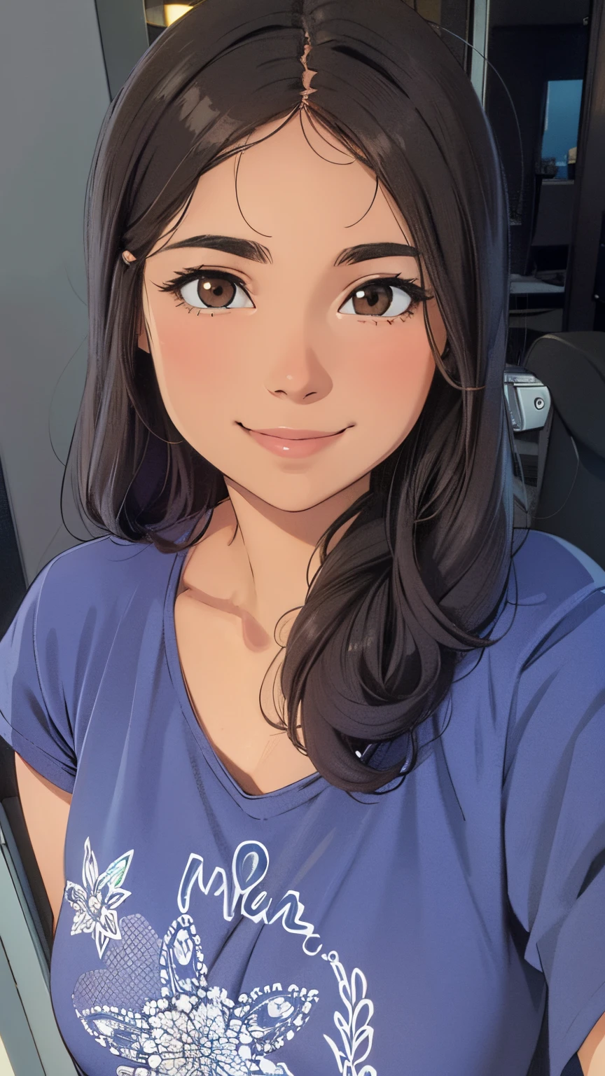 Girl, hair, brown eyes, blue shirt, smiling. Perfect smile. HD, clear picture. Round face.