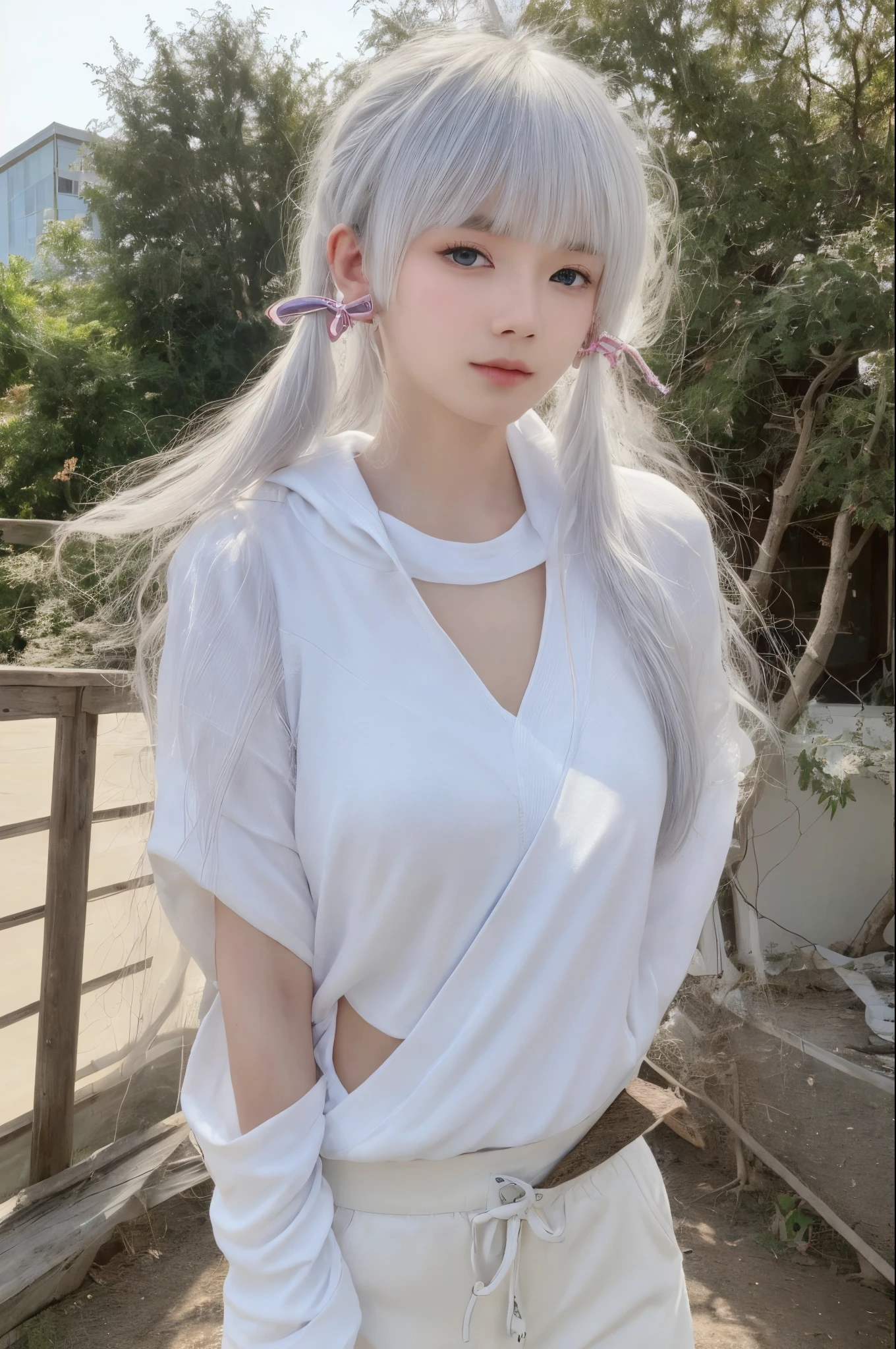 (tmasterpiece:1.2),Best quality at best,A high resolution,Unity8k wallpapers,(illustratio:1),perfect litthing,extremely detremely detailed CG,
finely detailled,The is very detailed,soft lighting and shadows,Soft yet eye-catching lighting,filmgrain:1.2,(skin pore:1.2),(Detailed skin texture:1),((Alone:1.5)),详细的脸,(ssee-through:1.1),Misty,low tune:1.1,depth of fields,
Ayaka Kamisato,eBlue eyes,pony tails,By bangs,high ponytails,bluntbangs,long whitr hair,birthmark,Moles under the eyes,looking at viewert,ribbons,shairband,hair adornments,White hair,side locks,tress ribbon,1个Giant Breast Girl,hoody,shorter pants,skyscrapper,cowboys_shooting,Translucent fluid flowing from the_hereinafter,Eye contact,lens_flare,disgust,Show on the_the roof,Outdoor activities,
