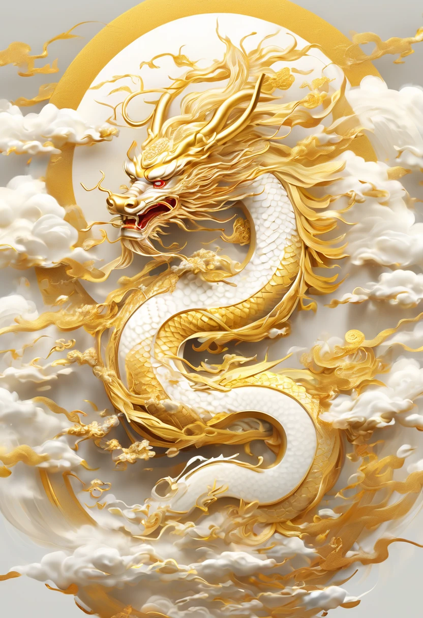 A logo、masterpiece、(white backgrounid:1)、Golden Chinese dragon surrounded by white clouds、Deities々Halo、the wind、Deities、long wavy body、tusk、The upper part of the body、Fantasia、myth、hightquality、ighly detailed、masterpiece、epic poem、Particle effect、Dynamic effects