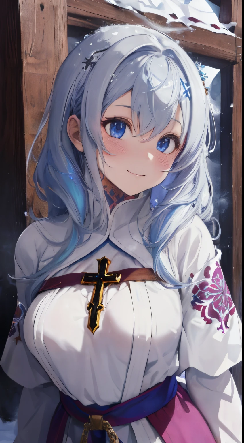 western church chapel,Front yard with lots of snow,fluffy hair,Gorgeous silver and blue two-tone hair,Iridescent light,(v A monk's robe with a wide open chest)),(A spacious and warm monastery),winter priest clothes,((Colorful tattoo of a large cross on the chest)),Slightly red tide,((Prayer Pose)),Angel Ladder,Staring at me intently,Soft smile,Smile on his face,