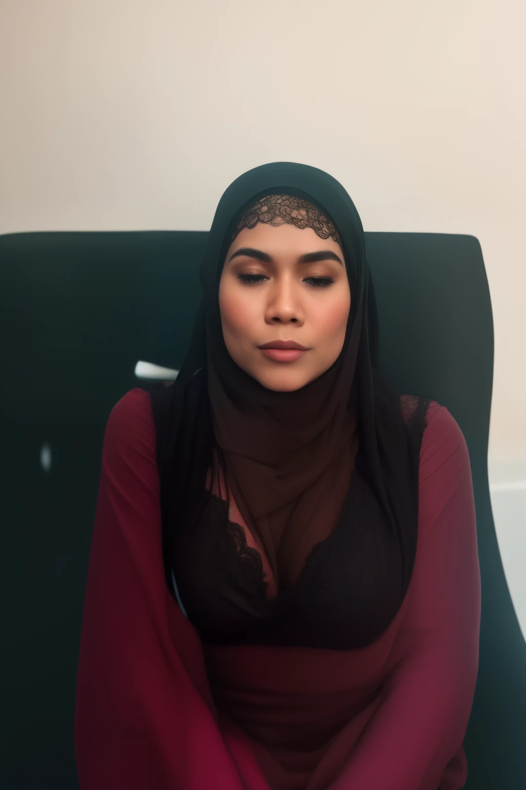 malay girl wearing hijab, beautifull hand, perfect hand, realistic hand, malay girl wearing hijab, 48 Years Old beautiful woman. ((lace bra and panties)),(bigger boobs),((look down at the camera and closed eyes))., Emphasize ass, biggerchest, big Nipple, de pele branca, bigger breasts thin waist, mexico-style street, Hyper-Realism, Cinematic lighting, depth of fields, From below, vanishing point, F/2.8, Anatomically correct, Textured skin, Super Detail, awardwinning, Best Quality, hight resolution, wearing pastel blue underwear, bra and panties only, hospital ward background, spread leg open, RAW photo, best quality, masterpiece, high detail RAW color photo, malay girl, professional photograph, (realistic, photorealistic:1.37), (high detailed skin:1.2), high resolution, beautiful detailed eyes, dramatic lighting, cinematic lighting, back light, professional lighting, detailed skin texture, insane details, intricate details, accent lighting, soft volumetric light, bokeh, (dramatic light:1.2), (neutral colors:1.3), cross process,