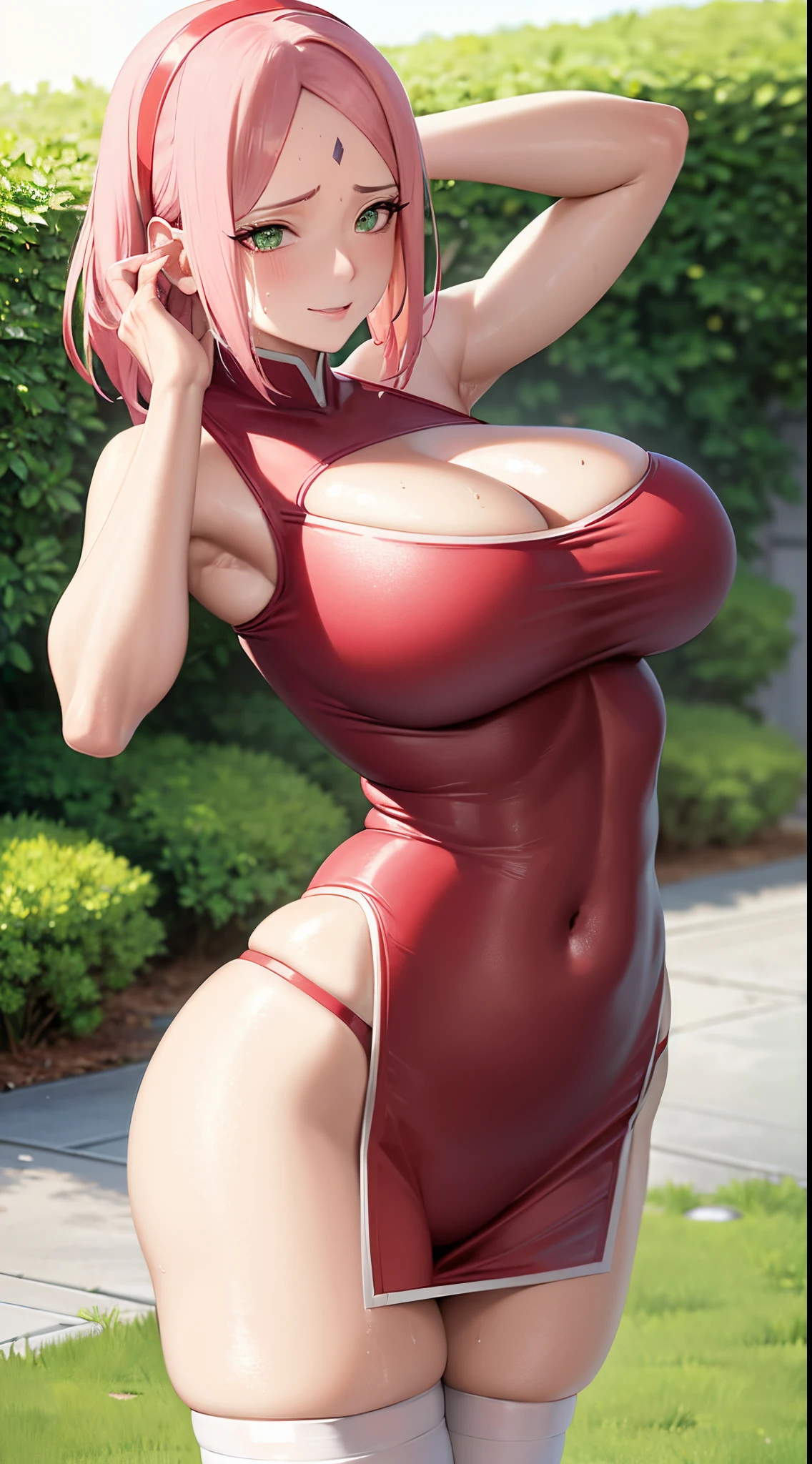 realisticlying, realisticlying,cowboy lens,tmasterpiece,hoang lap,1girll,Sakura Haruno,forehead mark,red hairband,Red sexy bra,white stockings,nabel,groin,bangle,looking at viewert,ssmile,SakuraNS,Private garden,ventania,Floating hair,big cleavage breasts,((Wide buttock))),tonedbody,Detailed eyes,squatt, lifting both armpits, sweating, sweaty armpit, muscular arms