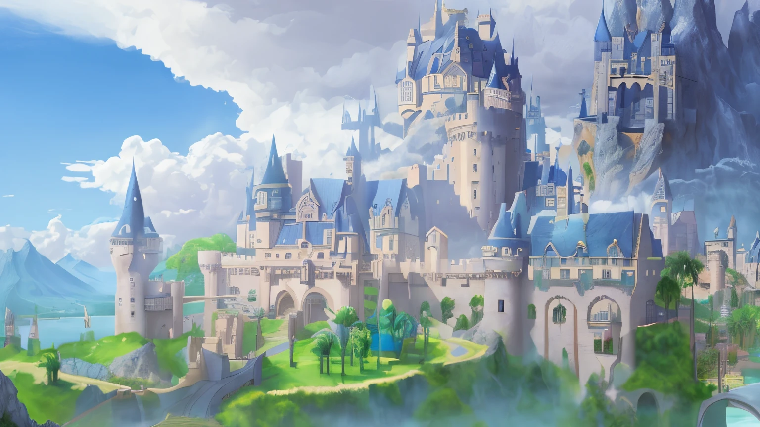 magic school,architecture, blue sky, bridge, building, castle, city, cityscape, cloud, cloudy sky, day, fantasy, house, mountain, no humans, outdoors, palm tree, road, scenery, sky, skyscraper, tower, tree