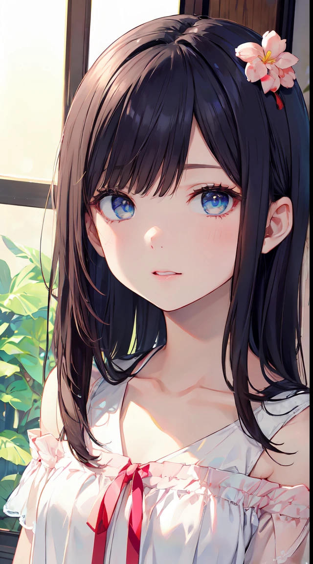 Fashion trendy beautiful attractive woman, gentle and charming Chinese beautiful woman, Delicate and sexy collarbone, charming goose egg face, 二重まぶた, Clever peach blossom eyes, redish pink lips, a small nose, exposed bare shoulders, Focus on the face, close up of face, hyper HD, ultra-detailliert, The white off-shoulder shirt and light blue slit skirt go perfectly together., Fresh and impressive