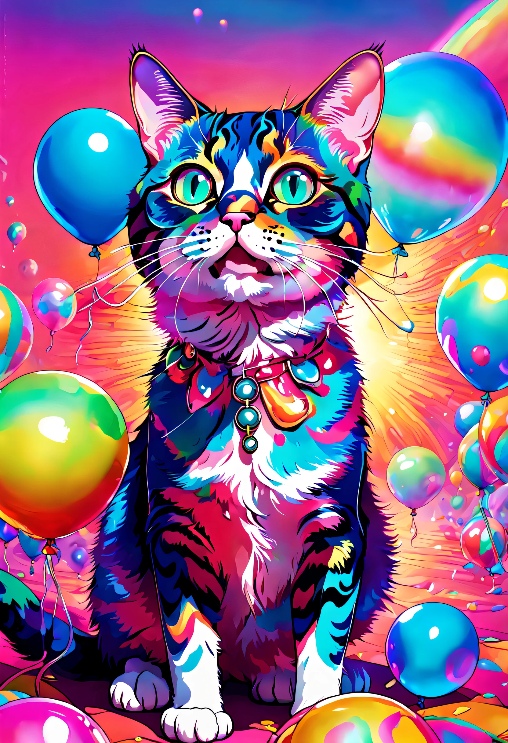 psychedelic cat, Lunette de soleil、chewing gum balloons、Masterpiece、top-quality、Gradient background、10k high resolution、Psychedelic drip photorealistic movie stills、