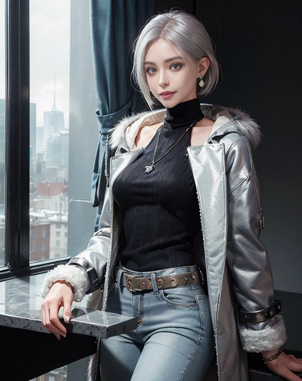 Masterpiece, 8K, photorealistic, ultra realistic, (1girl, solo),
_
the most beautiful, European ig model, 24 years old, 170 cm, (((large breasts:1.2))), ((slender waist, toned thighs, toned arms):1.3)), ((small head, small face, small mouth:1.3)), diamond Face, small nose, Sharp Faceline,
_
BREAK (under body, dynamic angle, wide shot):1.4), sitting, from below, look at viewer, Focus foot,
_
(black theme and White), in the night, Inorganic, Inorganic concrete studio with window, small window, gray concrete block, highly, blur, blur background, front lightning, Cinematic lighting,
_
BREAK ((big eyes, Double eyelid, tareme, droopy eyes):1.3), ((smile, small lips, teeth:1.3)), (mole under eye:1.2), (Perl White teeth), ((gray hair)), (short hair:1.2), asymmetrical hair, (Aqua eyes:1.4), light makeup, thin eyebrow, shiny skin, detailed skin, detailed face, (detailed face skin), perfect eyes, (detailed eyes:1.3), shiny hair, ultra-detailed fingers,
_
BREAK dark coat, detective coat, ((longcoat, ƒ/8, composite, worn gray coat, felt, Faux Fur Hood, A knee-length quilted puffer coat in a neutral color like olive or navy, Faux fur-lined hood for added warmth and style, Wear with a black chunky knit scarf and knee-high boots for a winter-ready outfit, black High neck Fur sweater:1.4)), BREAK ((denim pants:1.2)), ((silver earring, silver bracelet, silver necklace):1.2), raw photo,