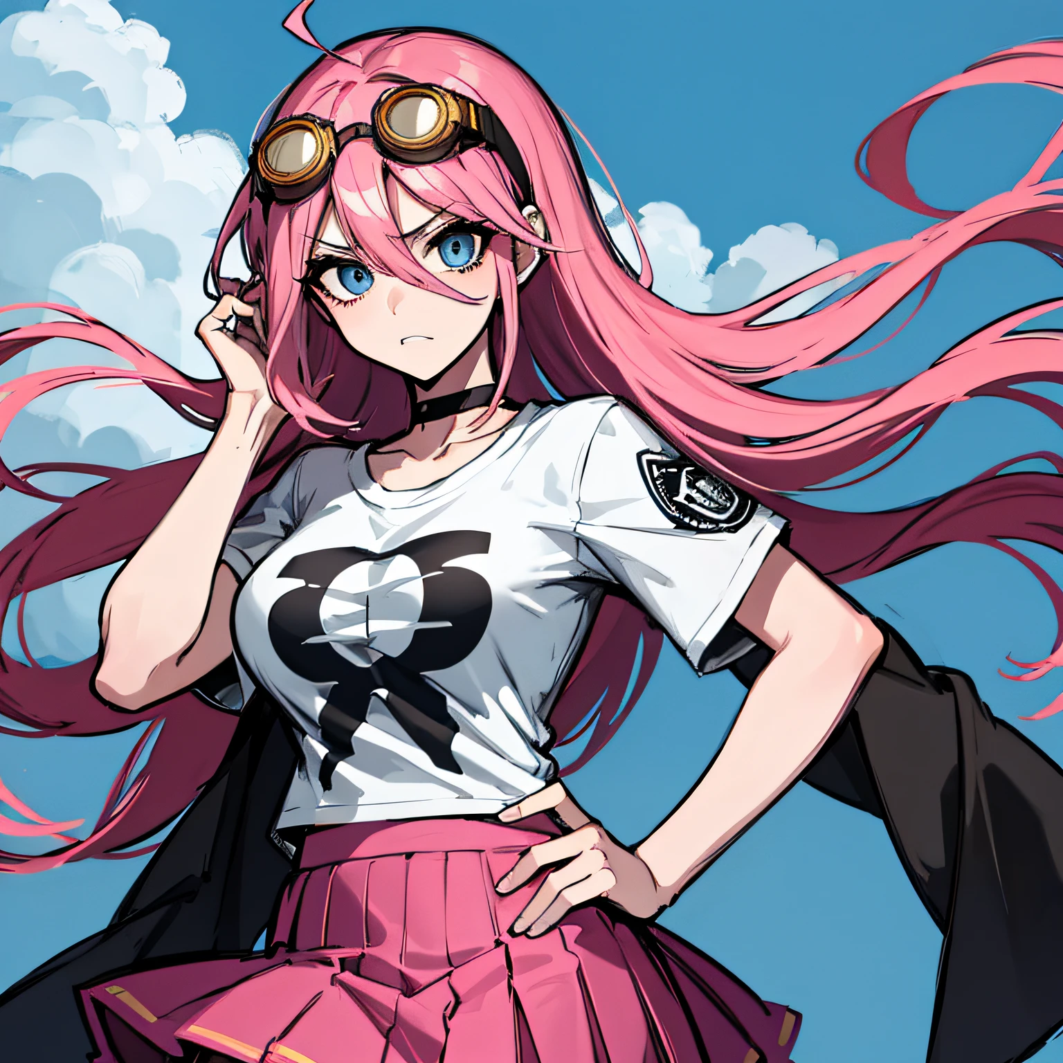 (absurdres, 8k, 4k, masterpiece, hyper extreme detailed:1.2), solo, front view portrait, best quality, portrait, solo, adult, cowboyshot, perfect anatomy, 1girl, perfect face, expressive eyes, perfect eyes, large bust, large breasts, long hair, goggles, miuiruma, miu iruma, ahoge, pink hair, blue eyes, goggles, goggles on head, long hair, BREAK, choker, graphic t-shirt, skirt, annoyed, BREAK looking at viewer, BREAK, miu iruma, ahoge, pink hair, blue eyes, goggles, goggles on eyes, long hair, choker, skirt, long hair, streetwear, graphic t-shirt, jcasualwear, t-shirt, hand on hip,