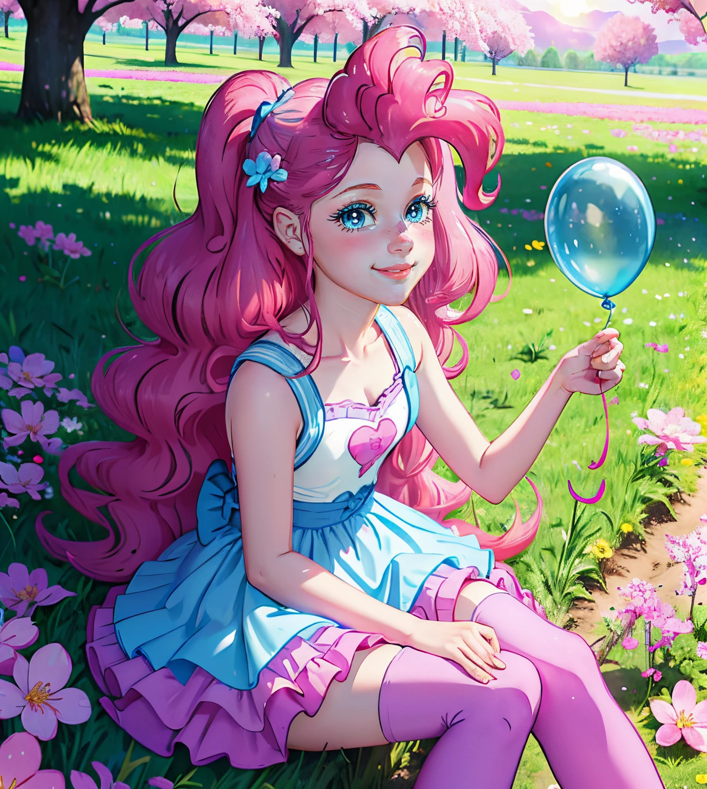 My little pony pinkie pie, pinkie pie, pinkie pie in the form of a girl, long dark pink hair, blue eyes, long pink and blue frilly dress, white frilly thigh high, small pink heels, blue sky, pink clouds, ((sitting in a pink and blue flower field)), staring at viewers, (light pink skin 1.5), soft blush, happy smile, soft smile, holding flowers, blue balloons flying everywhere, ((sunrise 1.0)), highly detailed lighting, yellow light, in a beautiful flower field, pink and blue flowers everywhere, blue eyeshadow (( BLUE EYES 2.0 )), flowers everywhere, SITTING UNDER A TREE HOLDING FLOWERS, pink skin, bubbles and ballon all around, cherry blossoms trees everywhere, in a cherry blossom forest, pink pony ear