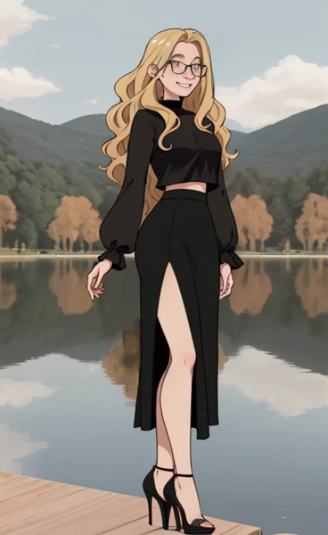 A 23 years old  blonde beautiful woman, wearing a long black skirt, black high heels, a top with poofy long sleeves and glasses, standing at a lake, facial freckles, calm smile, short wavy hair.