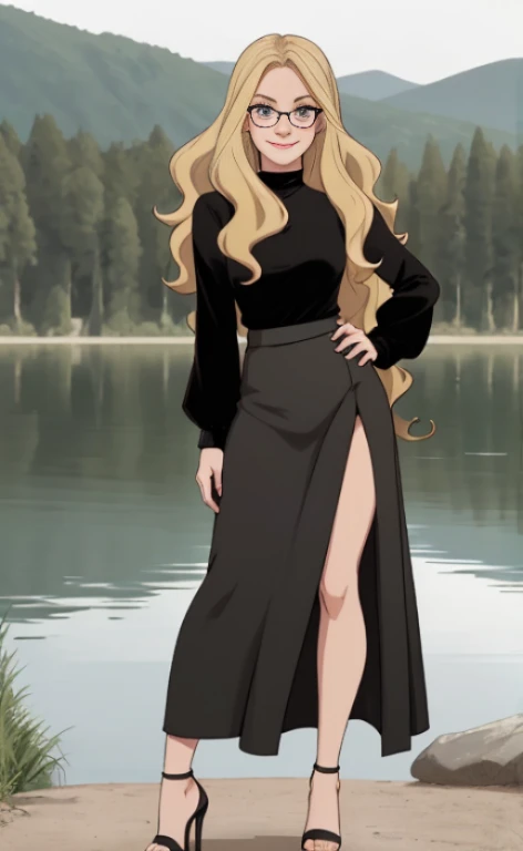 A 23 years old  blonde beautiful woman, wearing a long black skirt, black high heels, a top with poofy long sleeves and glasses, standing at a lake, facial freckles, calm smile, short wavy hair.