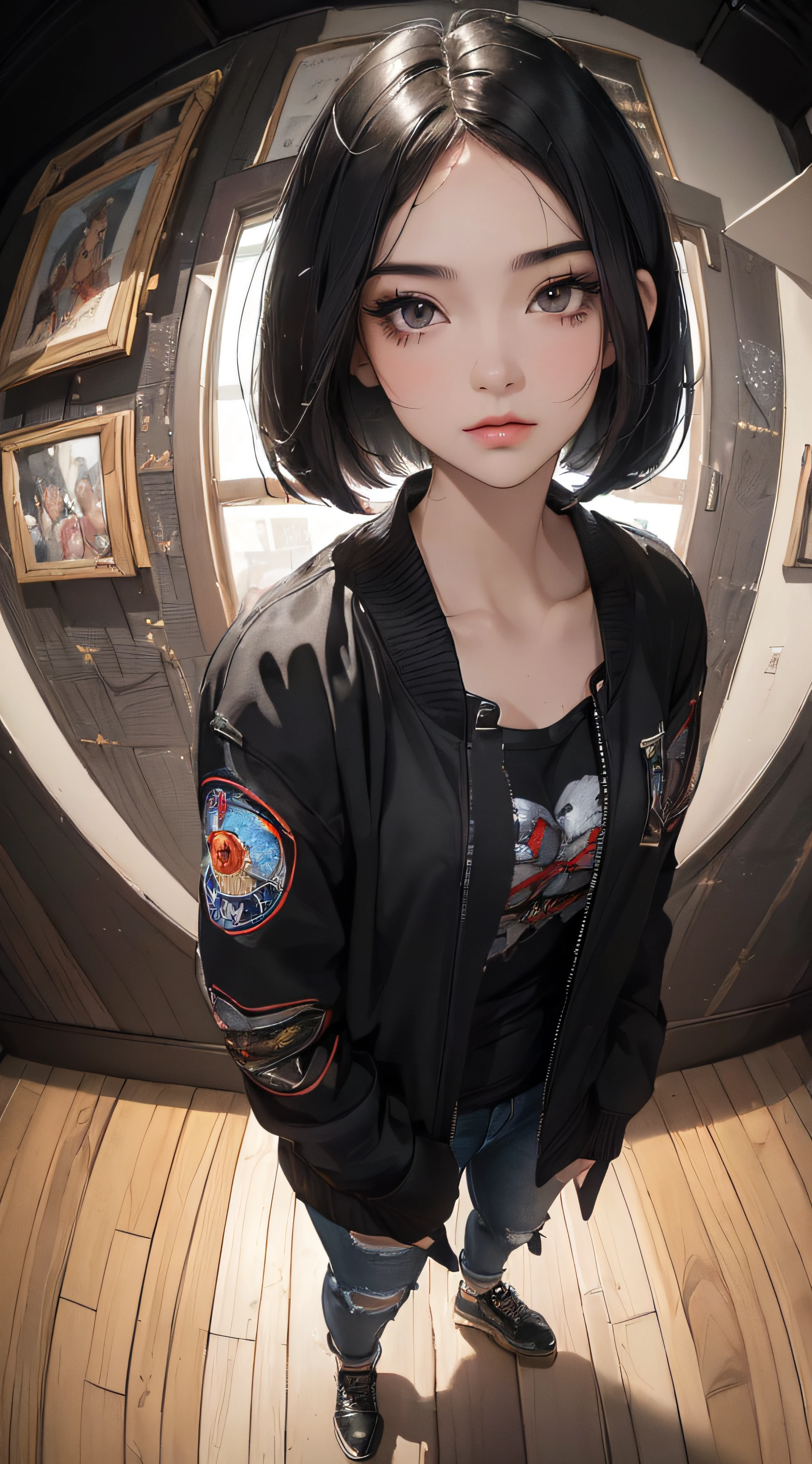 (((8k wallpaper of extremely detailed CG unit:1.2, masterpiece, hight resolution:1.2, top-quality:1.2, masutepiece))), ((a very beautiful woman, reach into jacket pocket:1.8, Grunge Fashion:1.2, Wearing a blouson, wearing skinny jeans, Wearing shoes)), ((extra detailed face, Extremely beautiful face, Highly detailed black eyes:1.2, extra detailed body, Top quality real texture skins)), (A dark-haired, bob cuts, de pele branca, Small), ((surrounded by colorful walls)), (high-angle, Fisheye:1.3), hyper realisitic, digitial painting,