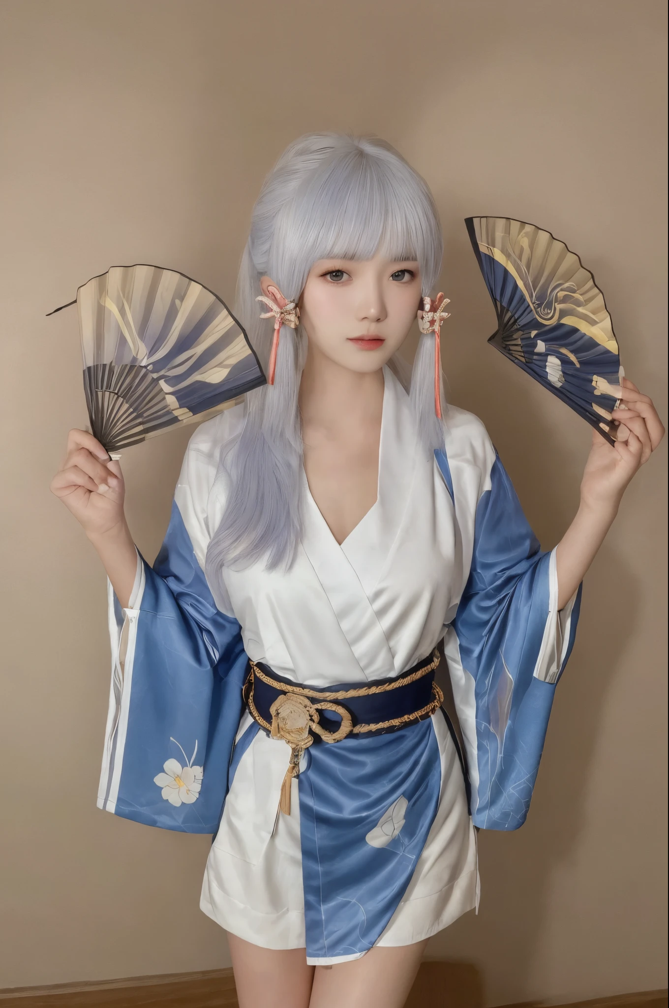(tmasterpiece:1.2),Best quality at best,A high resolution,Unity8k wallpapers,(illustratio:1),perfect litthing,extremely detremely detailed CG,
finely detailled,The is very detailed,soft lighting and shadows,Soft yet eye-catching lighting,filmgrain:1.2,(skin pore:1.2),(Detailed skin texture:1),((Alone:1.5)),详细的脸,(ssee-through:1.1),Misty,low tune:1.1,depth of fields,
Ayaka Kamisato, 1个Giant Breast Girl, Alone, Japanese clothes, eBlue eyes, komono, Hand fan, Raise your legs, Capillaries, long whitr hair, White hair, hair adornments, Sash, inner strength, looking at viewert, Black stockings, Wide sleeves, fur-trim, leafs, ngel, blue kimono, pony tails, Open your lips, By bangs, folding fan,