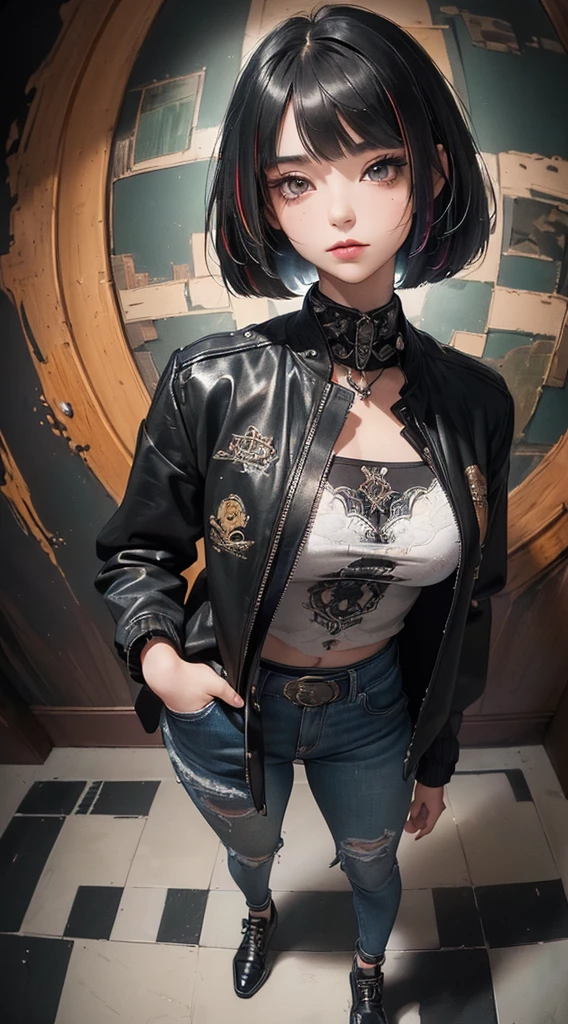 (((8k wallpaper of extremely detailed CG unit:1.2, masterpiece, hight resolution:1.2, top-quality:1.2, masutepiece))), ((a very beautiful woman, standing with hands in jacket pockets:1.8, Grunge Fashion:1.2, Wearing a blouson, Wearing skinny jeans, Wearing shoes)), ((extra detailed face, Extremely beautiful face, Highly detailed black eyes:1.2, extra detailed body, Top quality real texture skins)), (A dark-haired, bob cuts, de pele branca, Small), ((surrounded by colorful walls)), (high-angle, Fisheye:1.3), hyper realisitic, digitial painting,