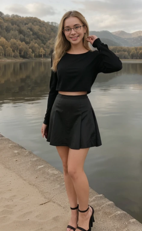 A 23 years old blonde beautiful woman, wearing a long black skirt, black high heels, a top with poofy long sleeves and glasses, standing at a lake, facial freckles, calm smile, short wavy hair.