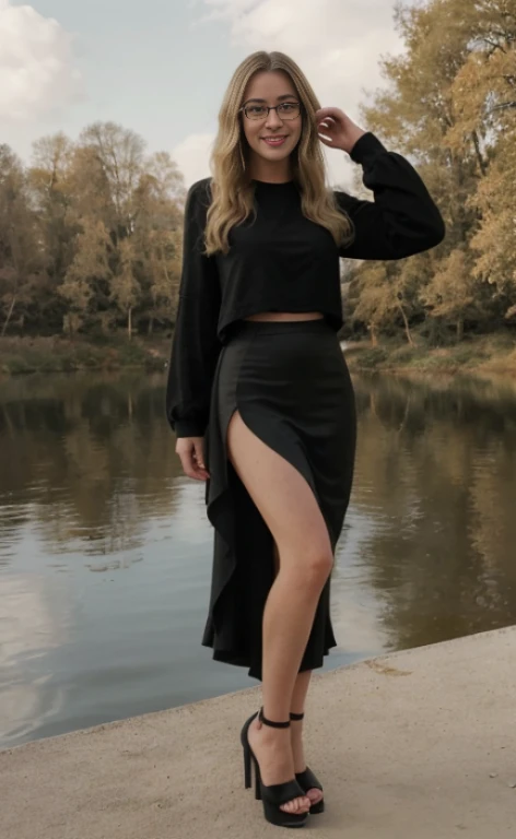 A 23 years old blonde beautiful woman, wearing a long black skirt, black high heels, a top with poofy long sleeves and glasses, standing at a lake, facial freckles, calm smile, short wavy hair.