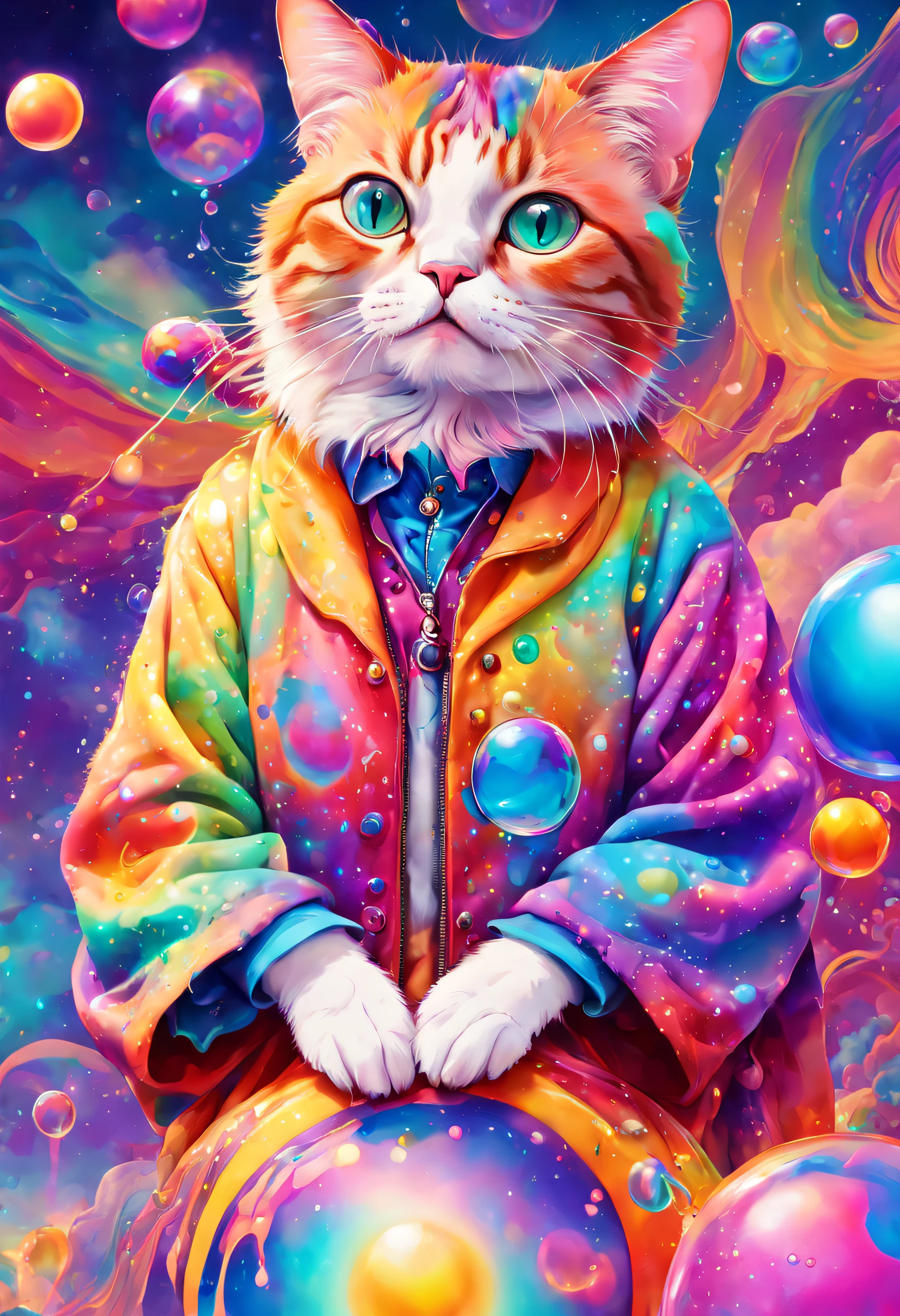 psychedelic cat, unique coat、masutepiece、top-quality、Gradient background、10k high resolution、Photorealistic movie still of a psychedelic drip、fumo、soap bubbles、