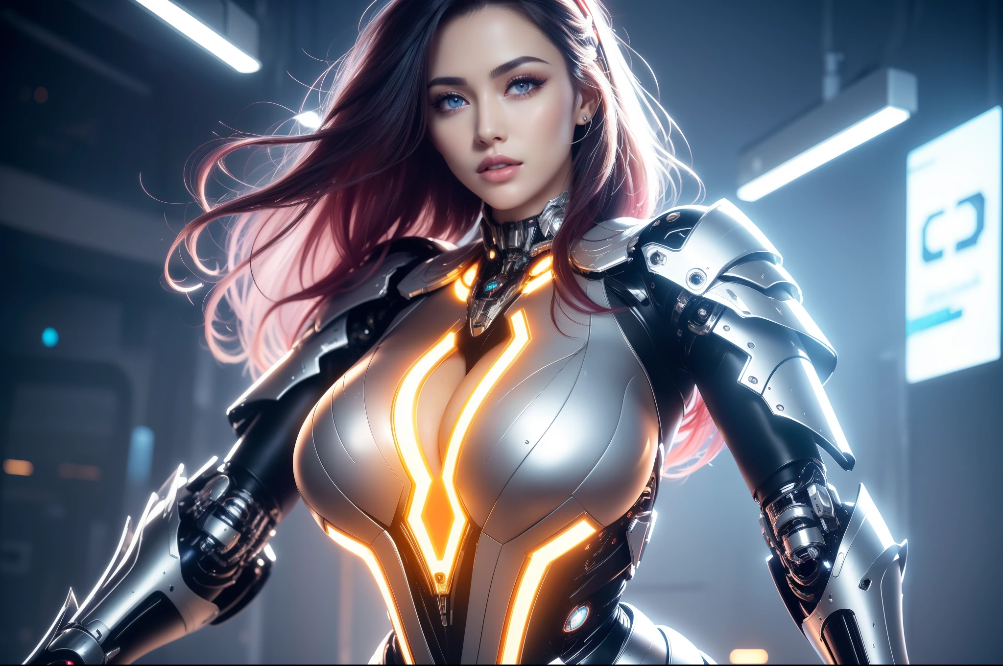 (masterpiece), best quality, expressive eyes, perfect face, beautiful details face, beautiful round eyes, upper body, A beautiful mature woman in cybernetic armour suit shows her Extremely busty and attractive breasts, (light smile), (random hair colours), (random hairstyles, expressive hair, shiny hair, glowing hair, multicolored hair, gradient hair, colored inner hair, straight hair, medium long hair), fair skin, (beautiful detailed full cybernetic suit:1.3), (full body cyber armour), glowing and shining armour, gold and red cyber armour, (cybernetic wings:1.2, Gigantic mechanical wing:1.2), (Edge lights:1.3), (silver and red colour scheme:1.3), neon light on armour, beautiful details eyes, (blue eyes:1.2), (glowing eyes:1.2), (Gigantic saggy breasts:1.2), tight breasts, thick body, (well accentuated curves), pink lips, (silver nails), mascara, Long eyelashes, eyeliners, (Extremely wide well defined hips:1.3), (beautiful massive thick thighs:1.3), slender figure, (Extremely detailed skin texture:1.2), beautiful detailed realistic definition, golden lights that shimmer, high detailed eyes, ultra-high quality model, proportionate, intense colouration fantasy, (fantasy cyber city background), white and gold tetradic colours, (1girl), solo, cowboy shot, shine, glowing