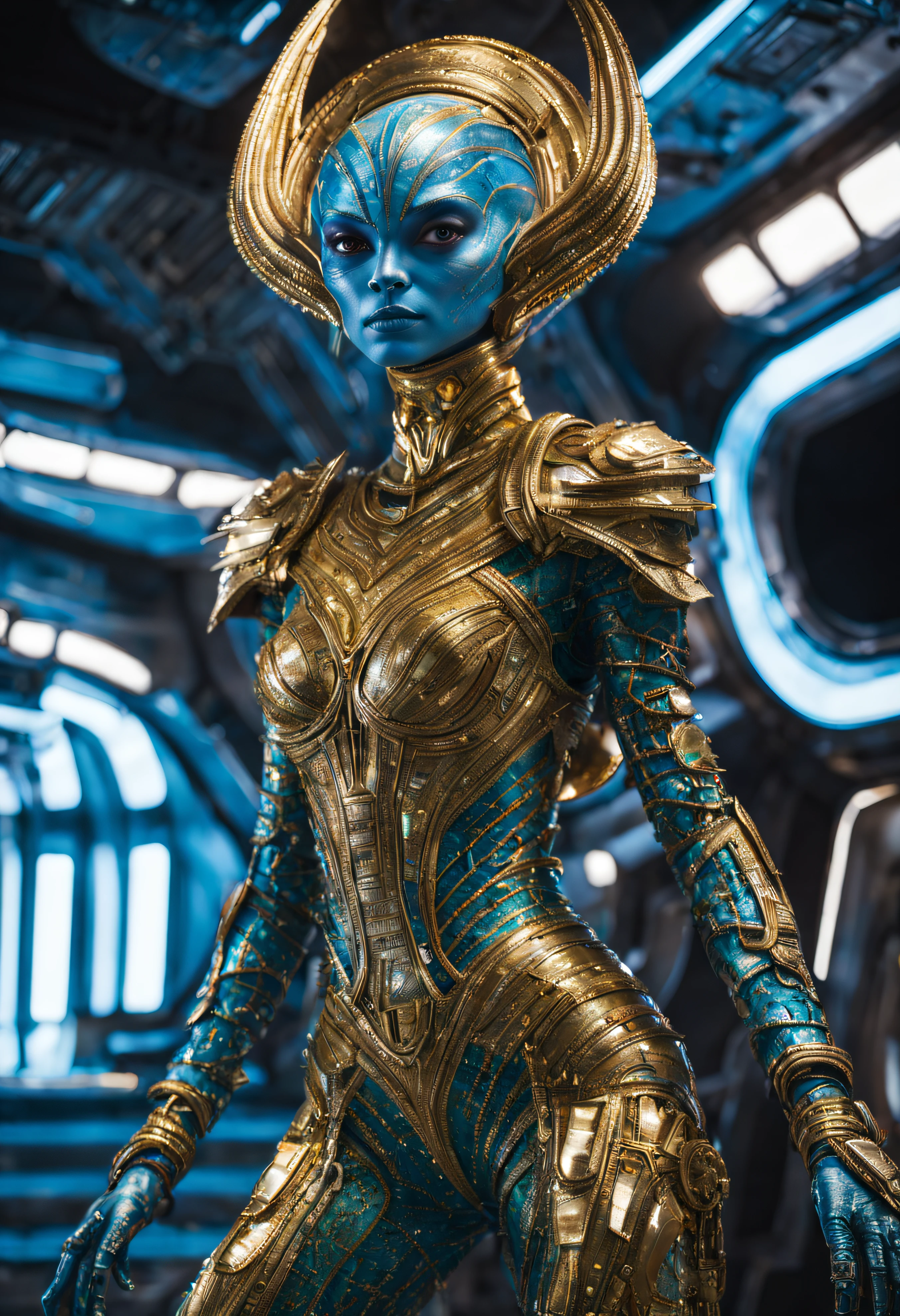 (cuerpo completo), extraterrestrial alien female princess of the people of the planet mül from Valerian and the city of a thousand planets ,vestida de traje de noche corto, engarzado con oro refulgente, priedras preciosas de colores y diamantes, (se encuentra en centro de control de estacion espacial),detalles intrincados de la maquina de alta calidad), estilo cinematografico, nitidez absoluta, imagen 8k.(obra maestra).fondos de pantalla, ultra detallado.