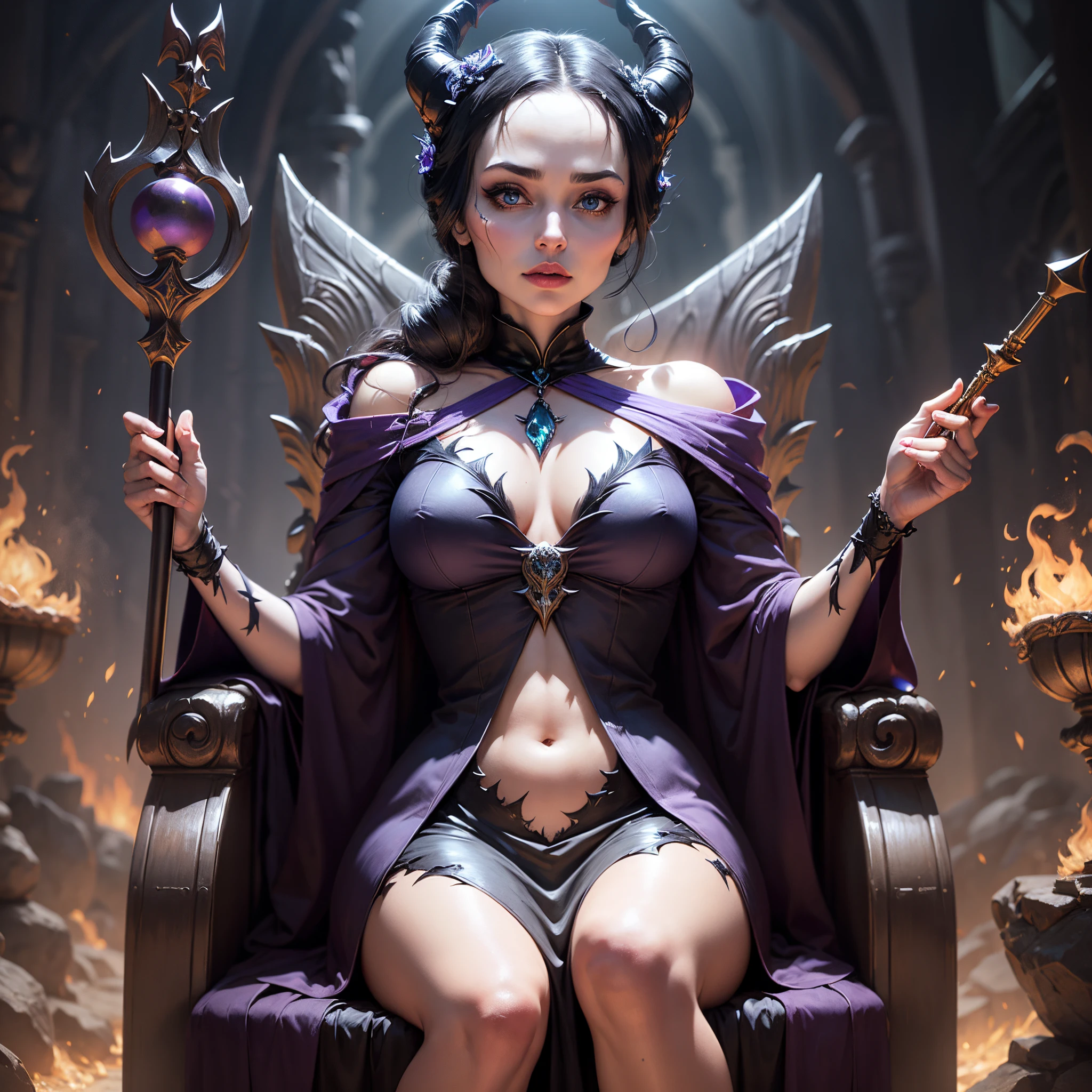 Dark fairy Maleficent sitting on the throne with scepter in hand --auto --s2