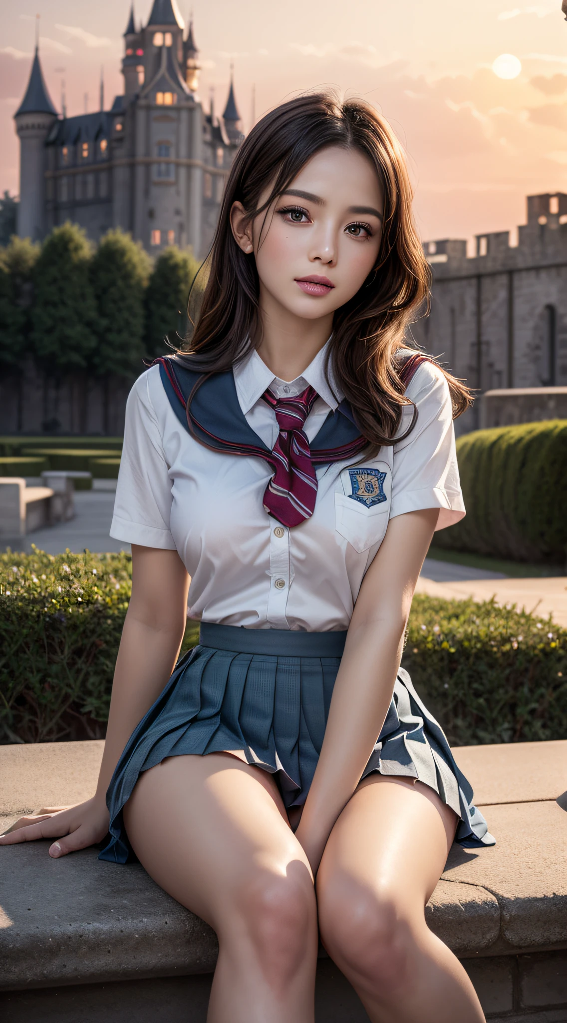 (Best Quality:1.4), (hyper quality), (Ultra-detailed), 1 beautiful girl, Extremely cute, Amazing face and eyes, (school uniform, pleated mini skirt:1.5), (beautiful breasts:1.1), (slender body:1.1), Authentic skin texture, bright and shiny lips, Beautiful Goddess Advent, (sitting, legs spread, pubick hair, cameltoe:1.3), Beautiful background, Golden ratio, conceptual art, Super Detail, ccurate, high details, Outdoors, (Beautiful Giant Castle:1.5), Sexy Art, Surrounded by beautiful sunsets, dazzling lights, Super delicate illustration details, Highly detailed CG integrated 8k wallpapers, RAW Photos, professional photograpy, Cinematic lighting, Super gorgeous illustrations, depth of field,