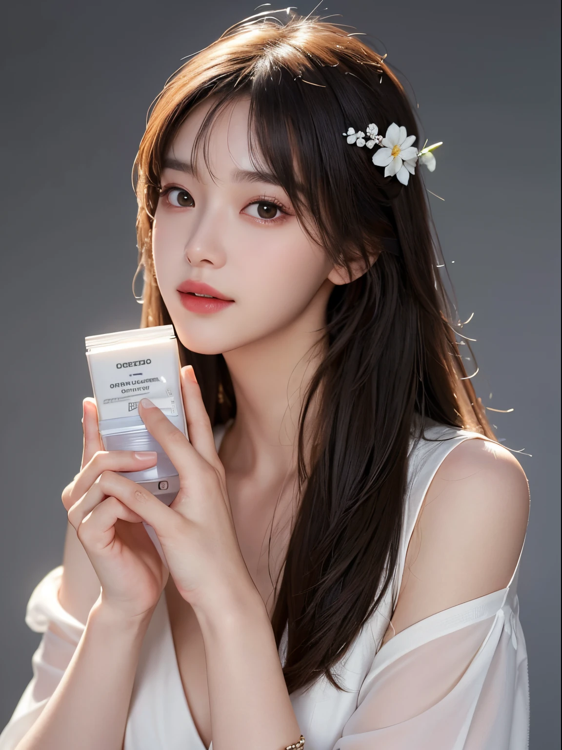 masterpiece, best picture quality, high quality, beautiful girl, popular Korean makeup, detailed, swollen eyes, clear eyes, detailed skin, beautiful skin, ultra high resolution, (reality: 1.4), very beautiful, slightly younger face, beautiful skin, slender, (ultra realistic), (illustration), (high resolution), (8K), (highly detailed), (best picture), (beautifully detailed eyes), (super detailed), (wallpaper), (detailed face), looking at viewer, fine details, detailed face, smiling, looking straight ahead, looking straight ahead, angle from waist up, realistic photo, bright lighting, professional lighting, long hair, mature woman, long stylish bangs, female model has a cosmetic bottle in her hands, (depth of field), ((cosmetic bottle)), (flower decoration), the model's skin is healthy and clear, and the cosmetics bottle shines luxuriously, skin care, flower, (cosmetics commercial photography), clean atmosphere, in the studio, shot on Hasselblad camera, medium format, dramatic lighting, beauty brand, Saint Laurent cosmetic