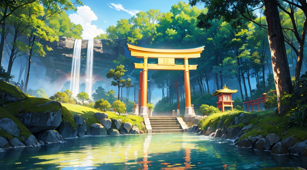 there is a golden torii gate above the water, fantastic golden forest, small waterfall, clear water, shining golden