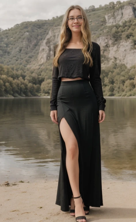 A 23 years old  blonde beautiful woman, wearing a long black maxi skirt, black high heels, a top with poofy long sleeves and glasses, standing at a lake, facial freckles, calm smile, short wavy hair.