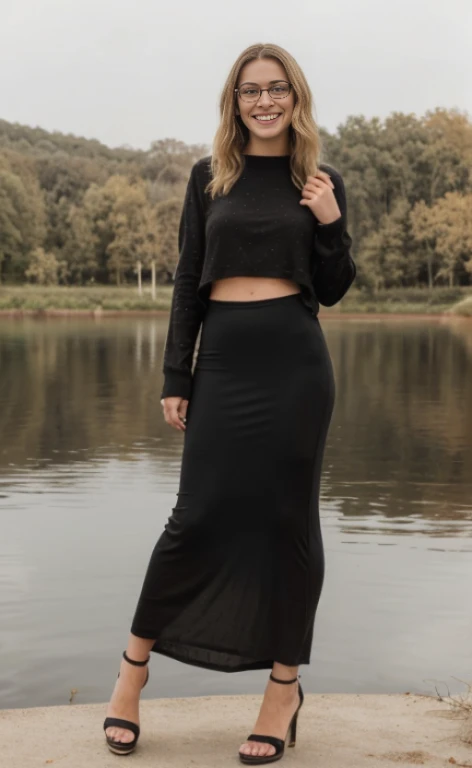 A 23 years old  blonde beautiful woman, wearing a long black maxi skirt, black high heels, a top with poofy long sleeves and glasses, standing at a lake, facial freckles, calm smile, short wavy hair.