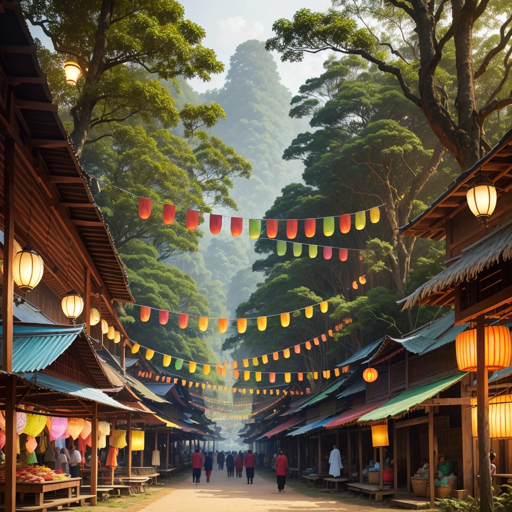 a bazaar, Indonesian style, colorful tents, wooden stalls, Indonesian, in the middle of forest, tall trees in background, hanging lanterns, hanging banners, colorful, washed pastel colors