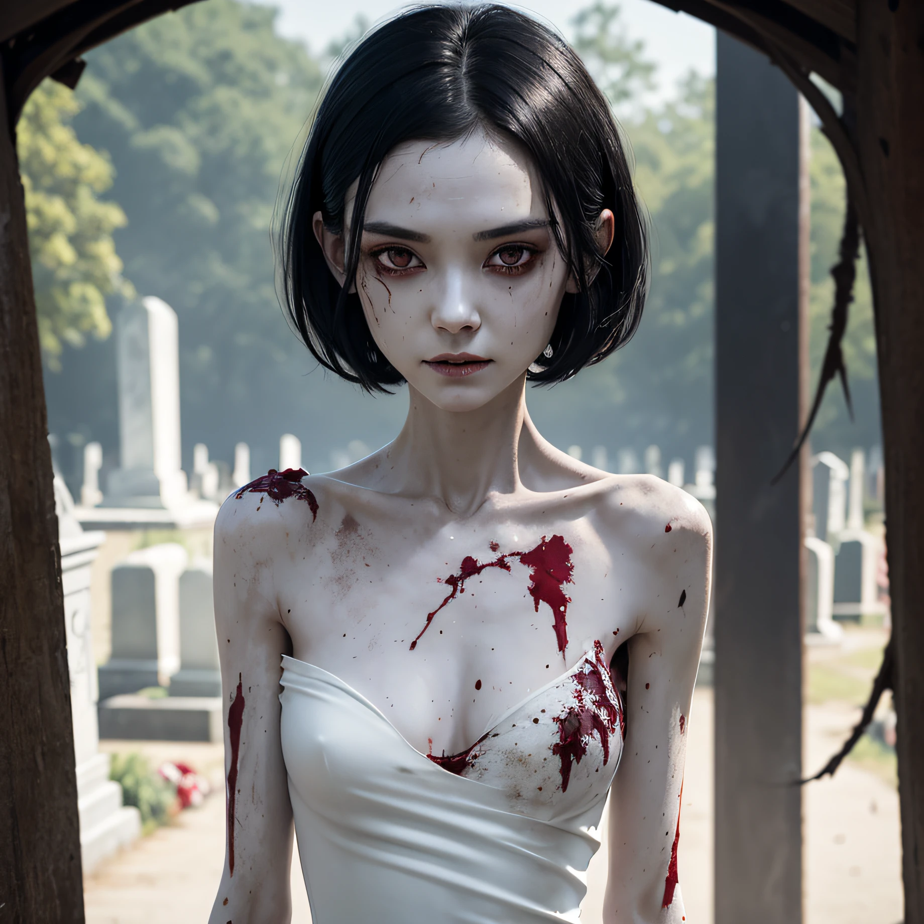 corpse, sinister, female, thin, pale, looking at the camera, ultra realistic, fully detailed, cemetery environment, bright eyes, white dress torn and stained with blood, bones exposed, putrid wounds, sensual, terrifying, bruised by the body, exposed fracture in the collarbone, slight smile, super detailed, black short hair, blood and wounds,