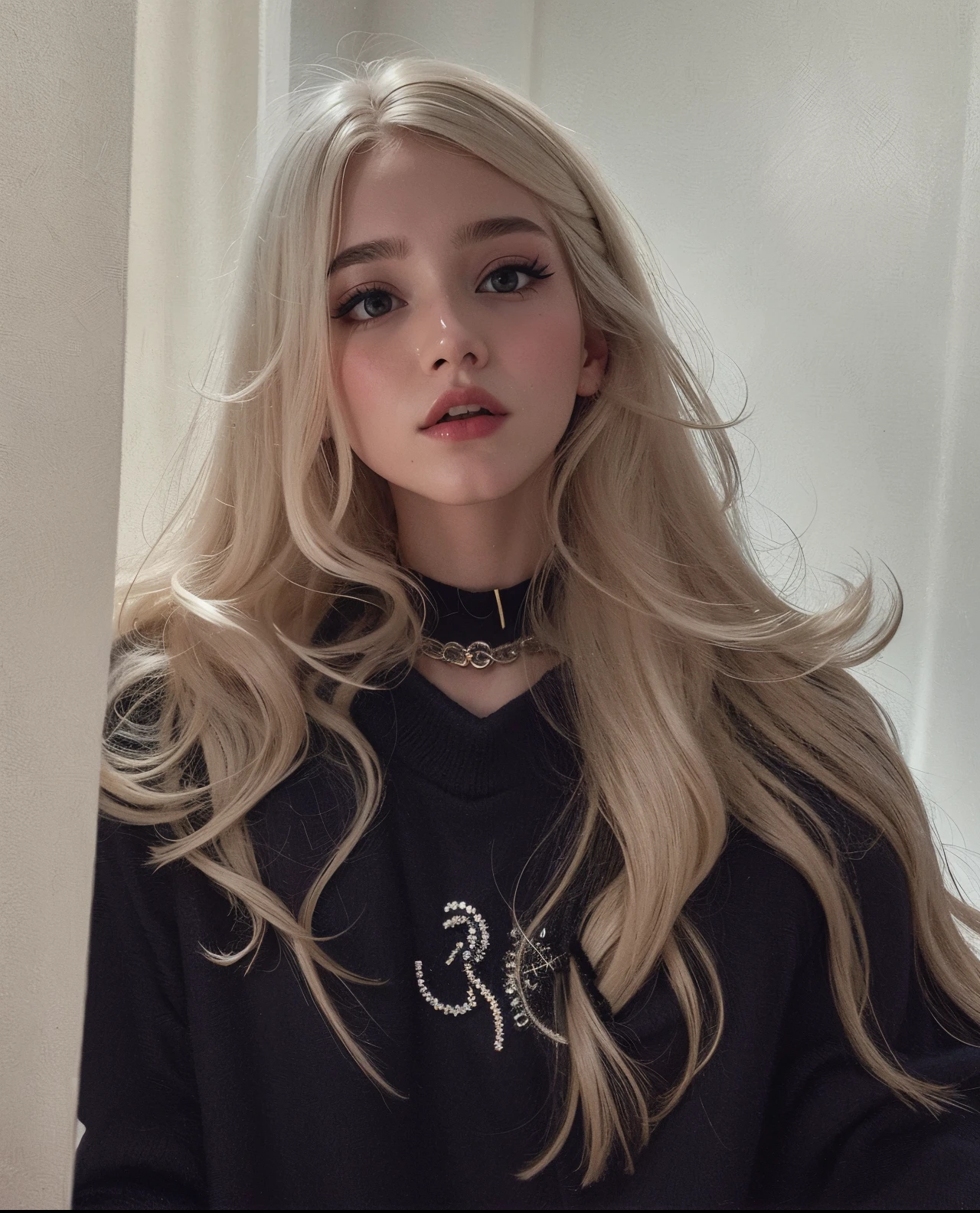 mulher loira com cabelos longos em frente a um espelho, her hair is white, menina perfeita de cabelos brancos, com longos cabelos brancos, com cabelos longos brancos, menina cabelo prateado, pale hair, ava max, menina com cabelo branco, extremely pale blond hair, very very pale blond hair, Retrato de Kim Petras, menina do cabelo prateado, com longos cabelos loiros