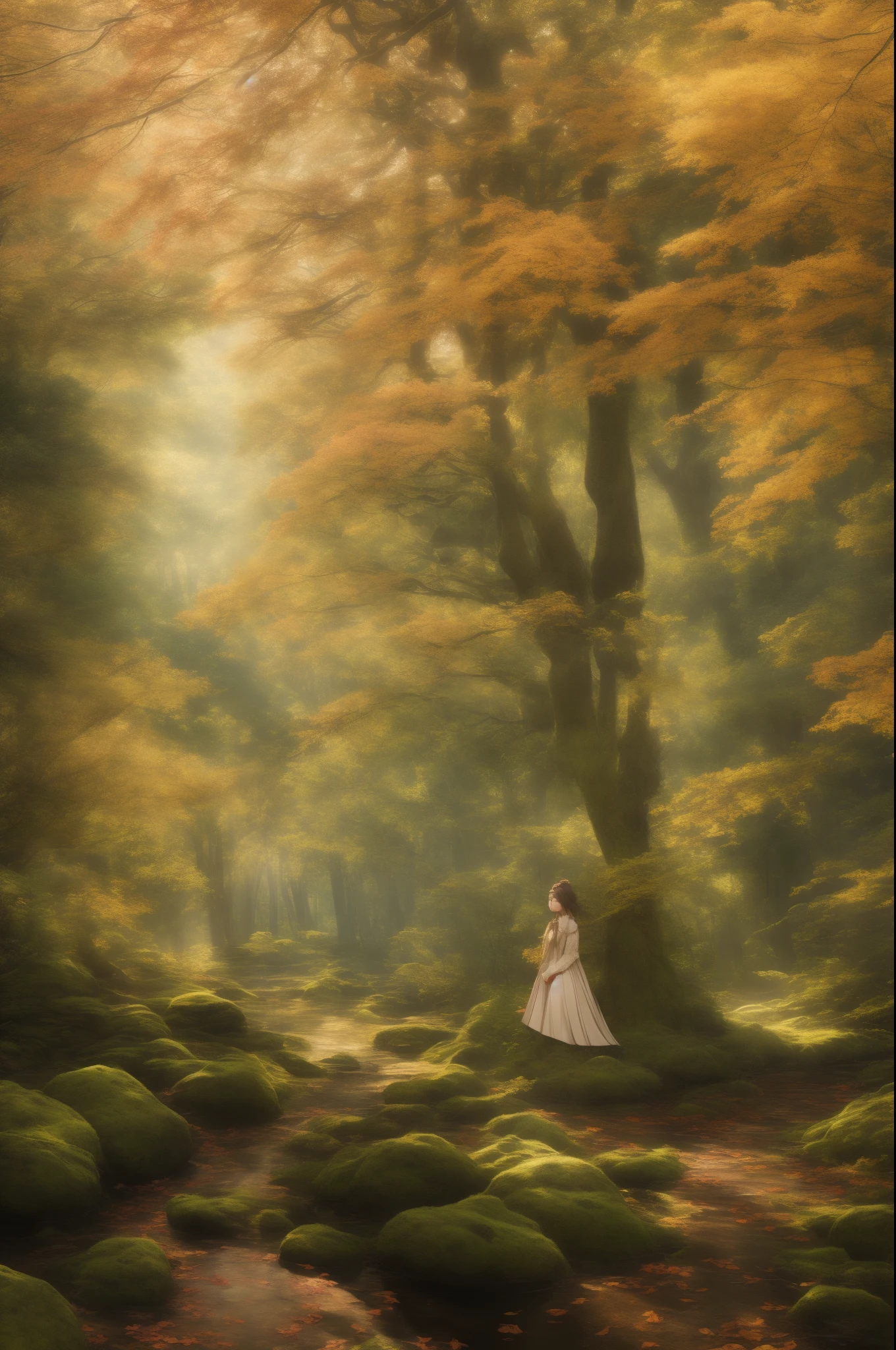 girl, Surreal art、masuter piece、独奏、Little woman、short-cut、Natural color clothing、Natural look、top-quality、ultra-detailliert、High quality detailing、8k、Colored leaves:1.5、deep autumn forest、Tree leakage day、Silence